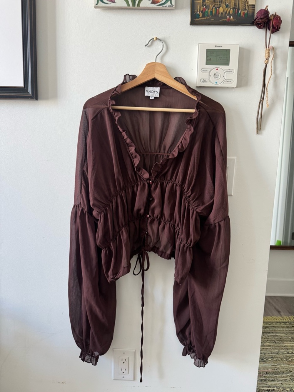 SNDYS X Revolve Bali Top Women's Ruffle Drawstring Blouse in Dark Brown